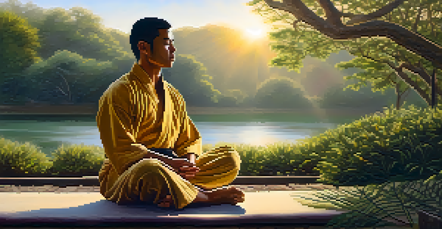 A martial artist meditating outdoors, embodying peace and focus in nature.