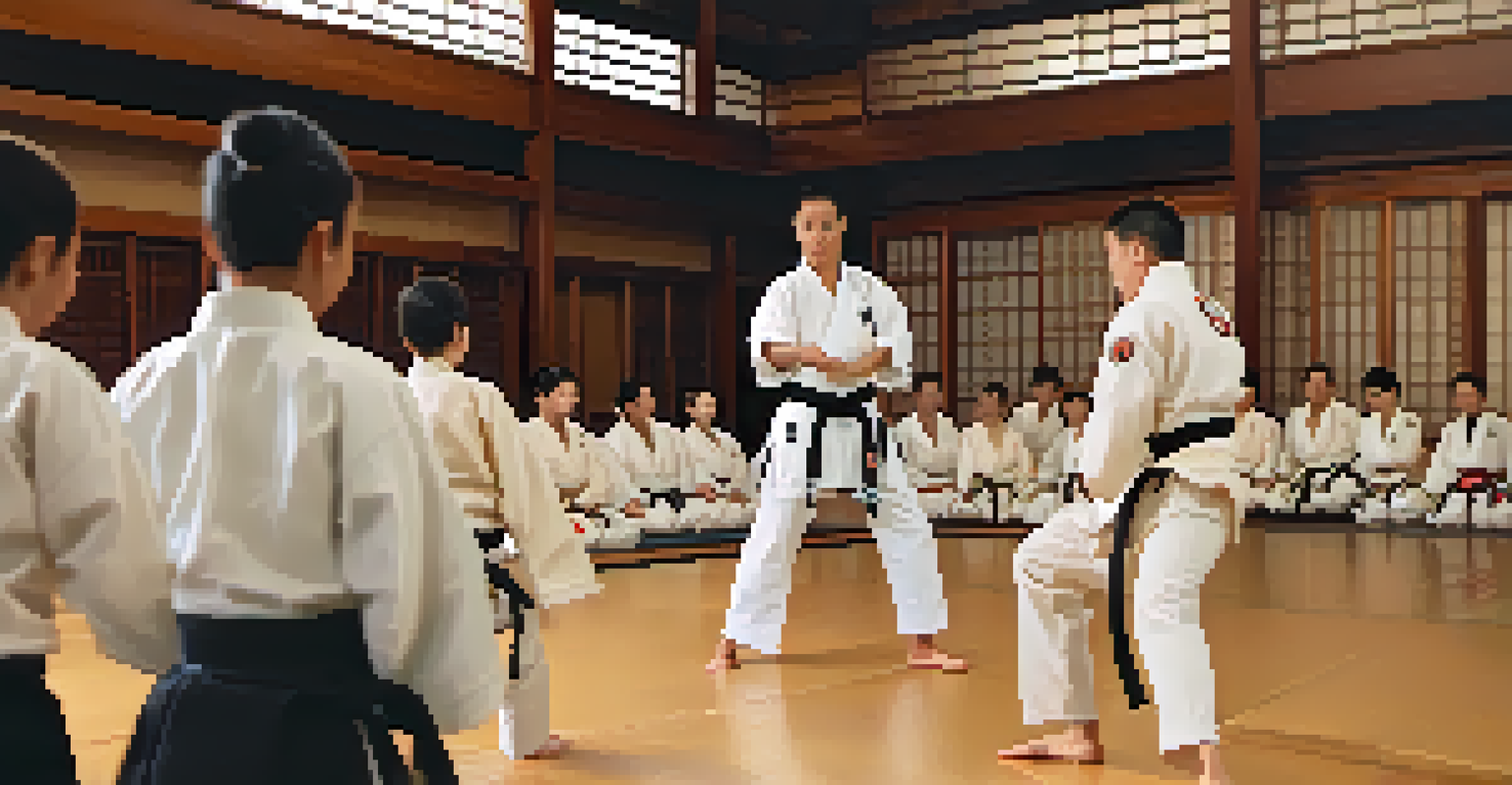 A martial arts instructor demonstrating a kata to a group of focused students in a warmly lit dojo.