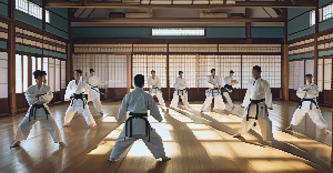 A group of martial arts practitioners performing a synchronized kata in a sunlit dojo, highlighting their traditional uniforms and focused expressions.