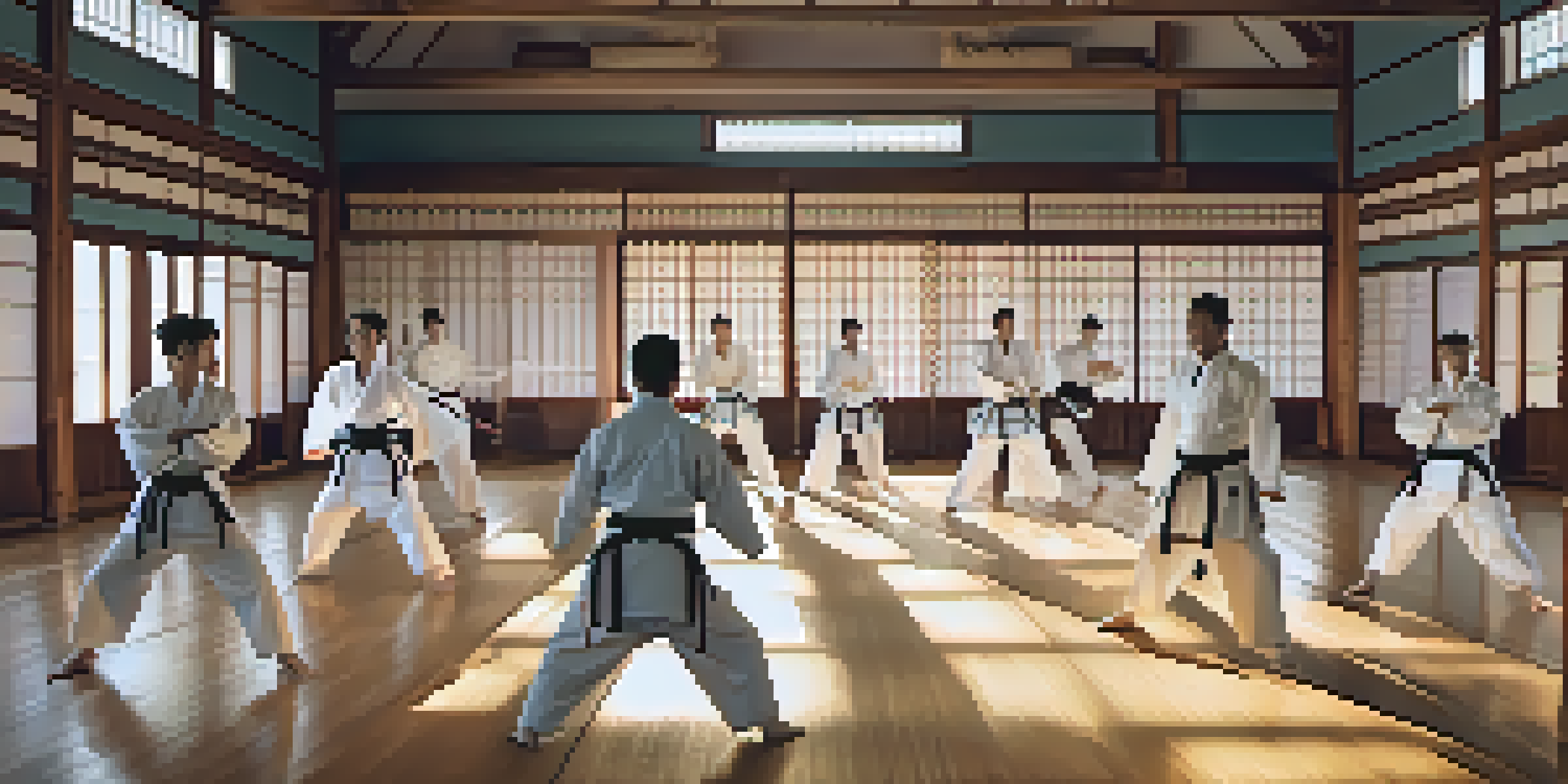 A group of martial arts practitioners performing a synchronized kata in a sunlit dojo, highlighting their traditional uniforms and focused expressions.