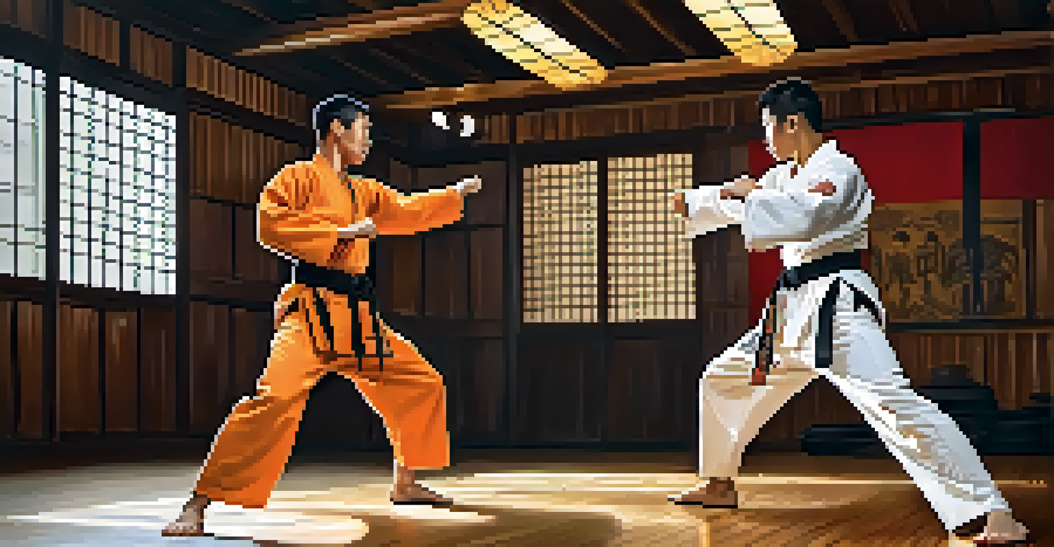 Two martial artists sparring energetically in a traditional dojo setting.