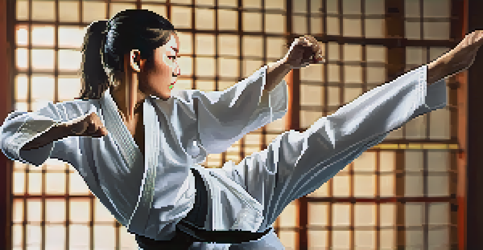 A close-up of a female martial artist in a dojo performing a kick, with a determined expression and soft natural lighting.
