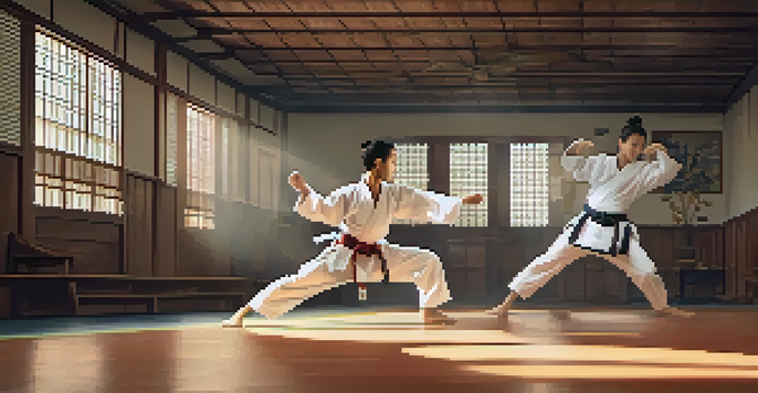 A diverse group of martial arts practitioners training in a dojo, showcasing Taekwondo kicks and Brazilian Jiu-Jitsu grappling techniques under warm sunlight.