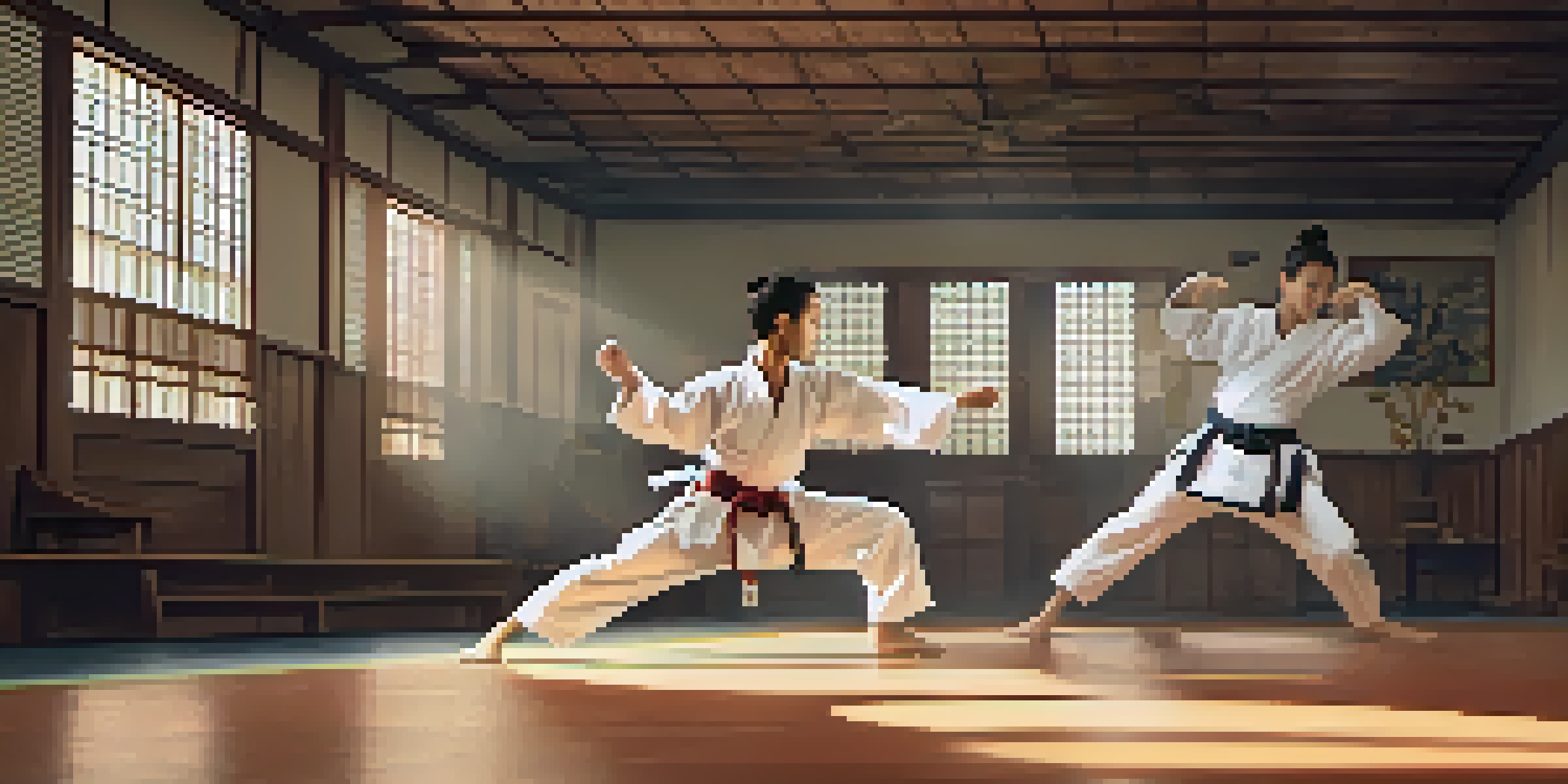 A diverse group of martial arts practitioners training in a dojo, showcasing Taekwondo kicks and Brazilian Jiu-Jitsu grappling techniques under warm sunlight.
