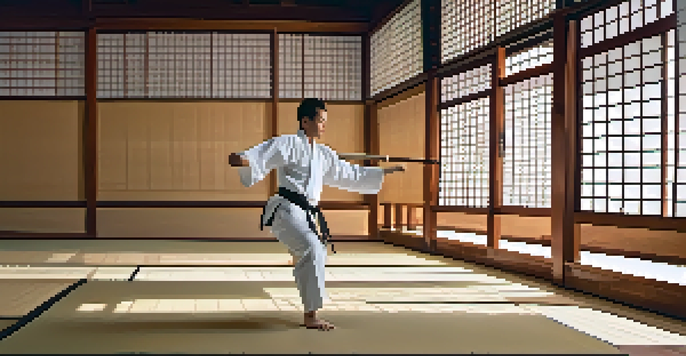 A martial artist practicing kata in a tranquil dojo, surrounded by natural light and traditional decor.