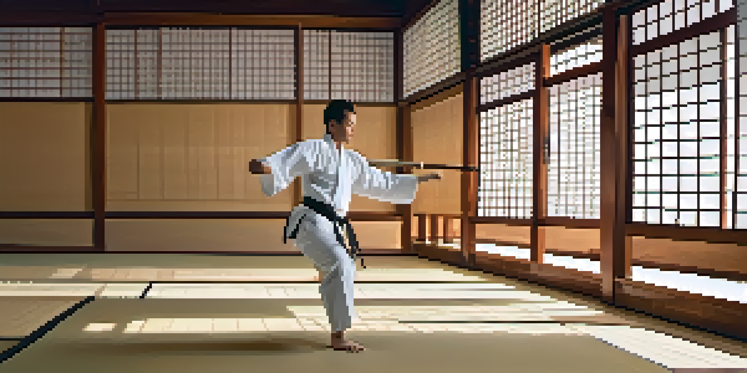 A martial artist practicing kata in a tranquil dojo, surrounded by natural light and traditional decor.