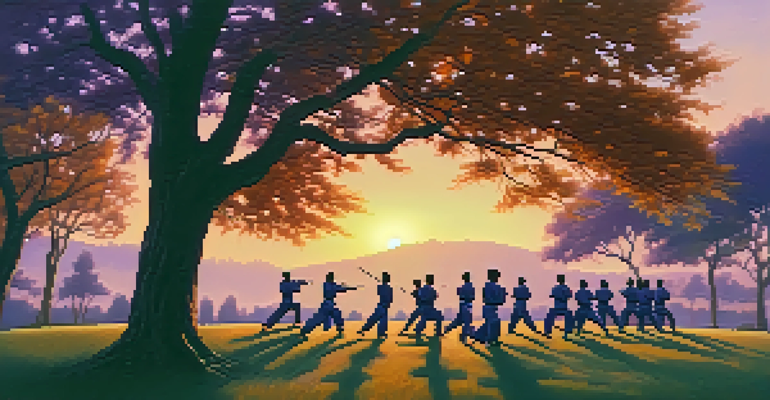 Students in colorful martial arts uniforms practice together on a grassy field during sunset with a colorful sky.