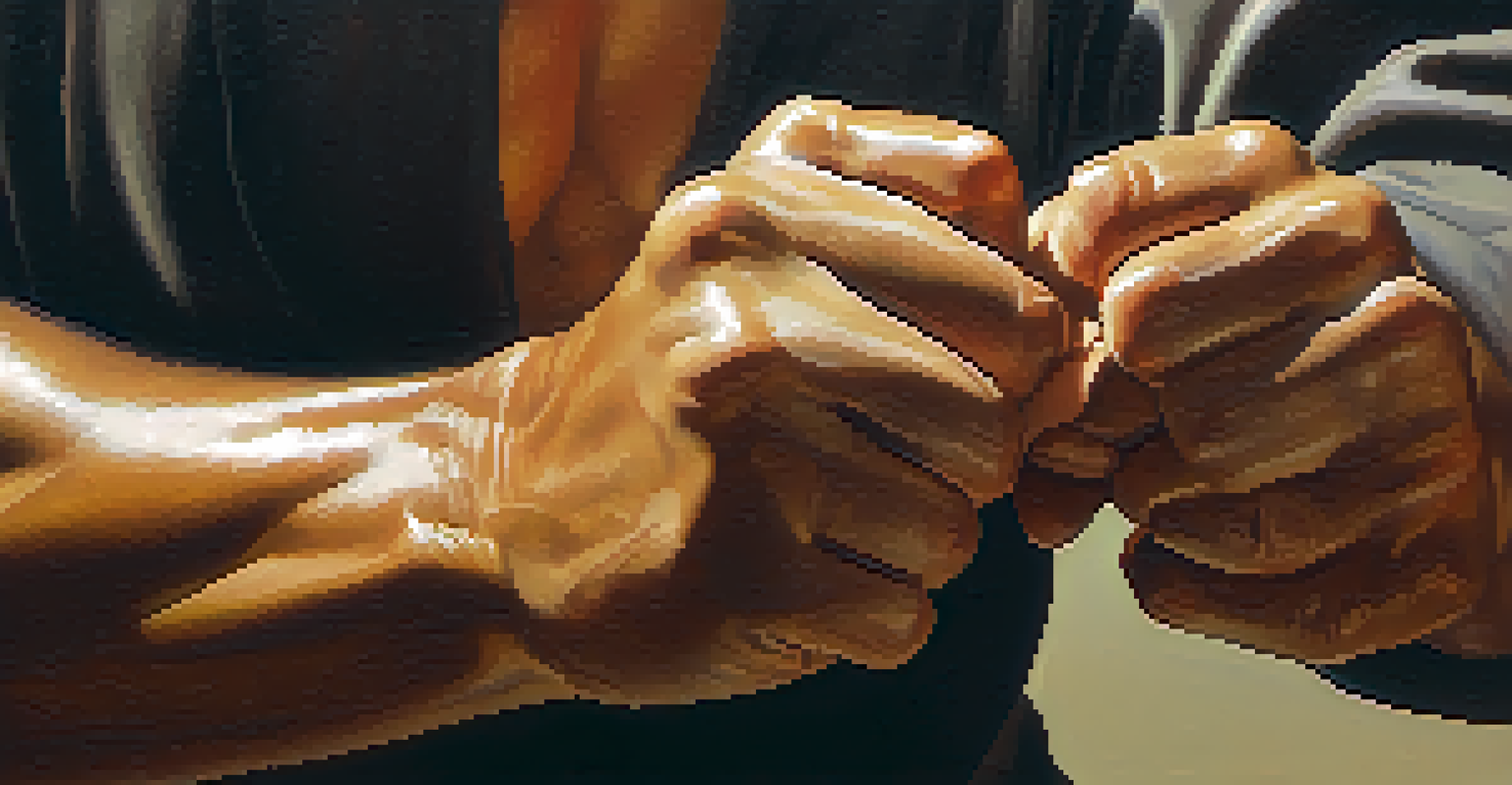 Close-up of a martial artist's calloused hands gripping a training weapon, with a blurred background highlighting their dedication.