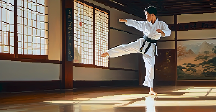 A peaceful martial arts dojo with a martial artist performing a taekwondo kick in the foreground and traditional weapons displayed on the walls in the background.