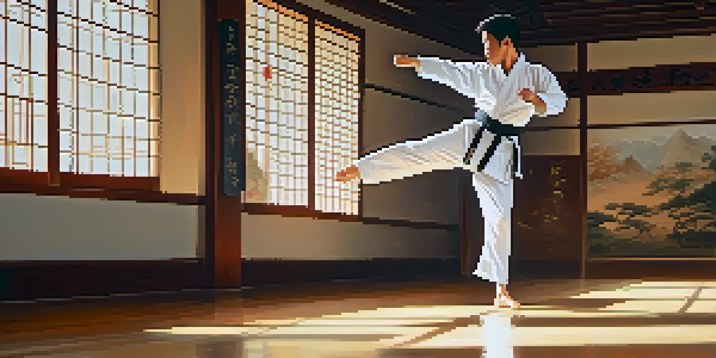 A peaceful martial arts dojo with a martial artist performing a taekwondo kick in the foreground and traditional weapons displayed on the walls in the background.