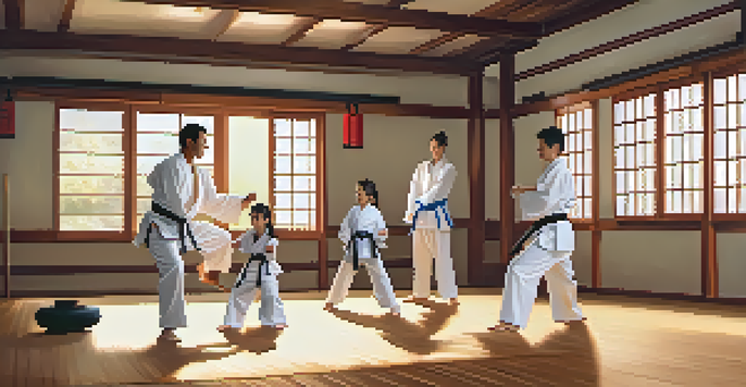 A family practicing martial arts together in a well-lit dojo with wooden flooring and colorful belts on the walls.