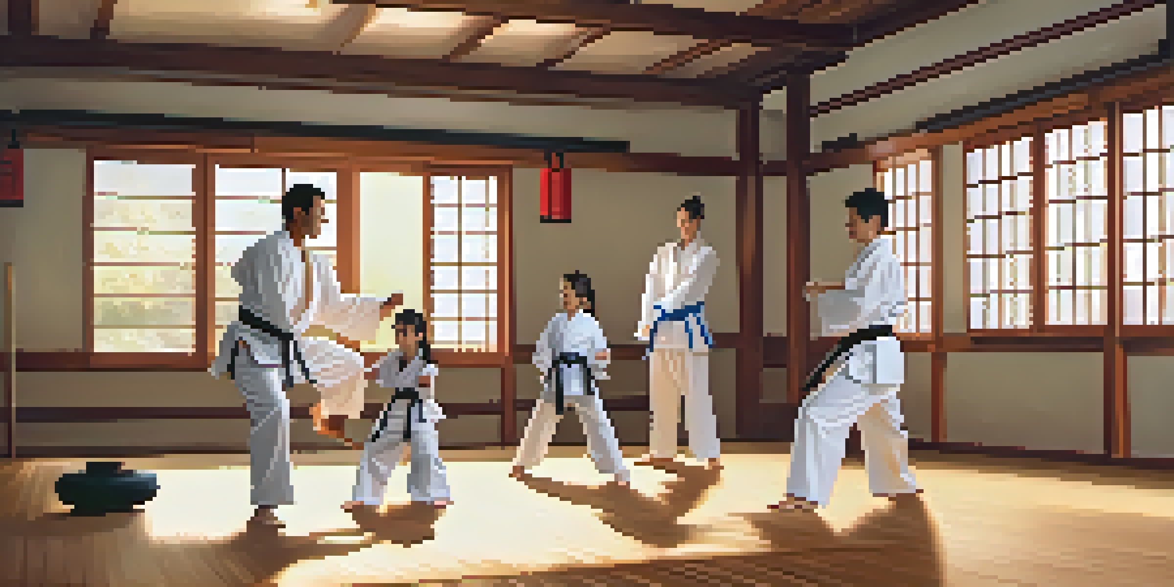 A family practicing martial arts together in a well-lit dojo with wooden flooring and colorful belts on the walls.
