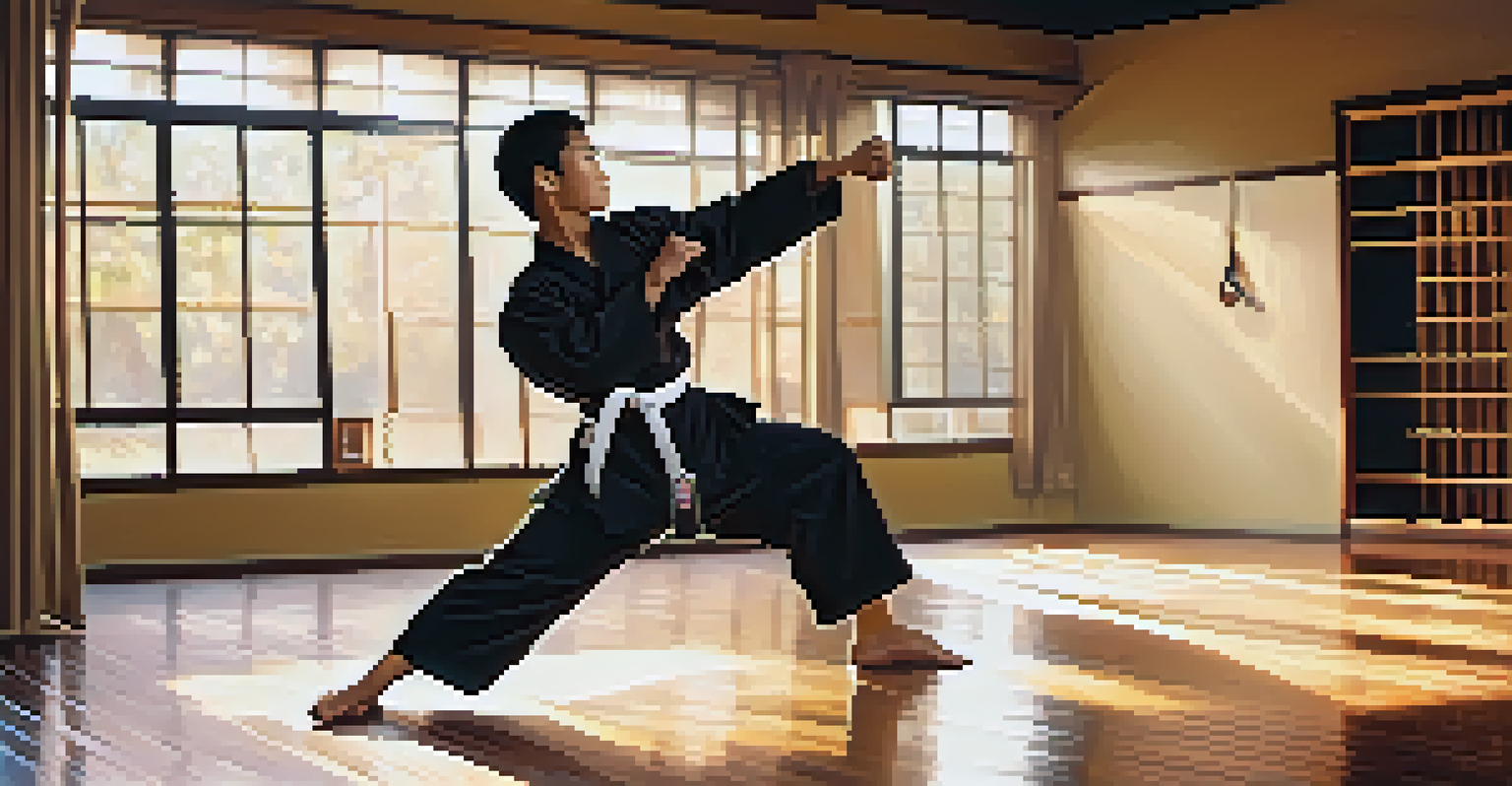 A martial artist performing a high kick in a sunlit dojo, showcasing determination and focus.