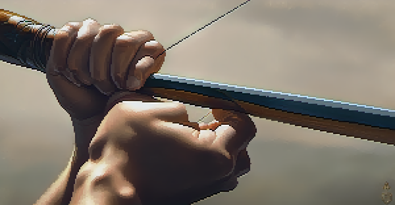 Close-up of an archer's hands gripping a bow with arrows in the background, showcasing details and craftsmanship.