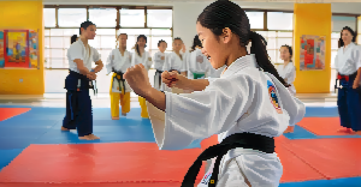 A determined young girl with a disability practicing martial arts with the support of her instructor in a vibrant dojo.