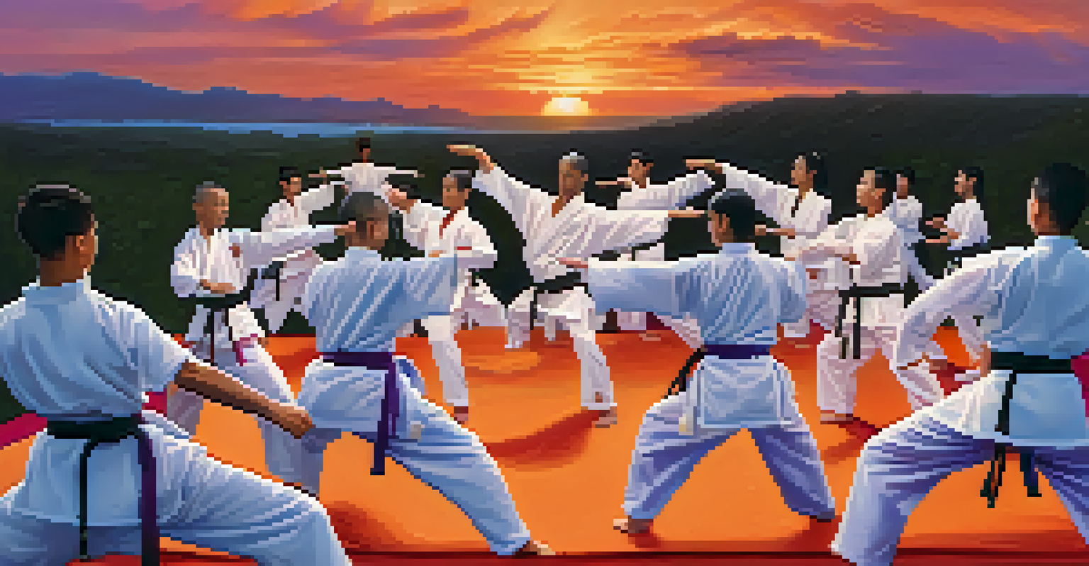 A group of martial artists in colorful gis practicing together at sunset, surrounded by vibrant sky colors, showcasing mindfulness and unity.