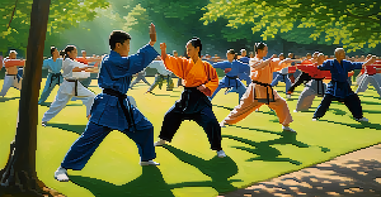 A diverse group practicing tai chi in a park, surrounded by greenery, conveying a sense of peace and community.