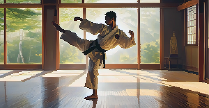 A martial artist performing a high kick in a sunlit dojo, surrounded by natural light and greenery.