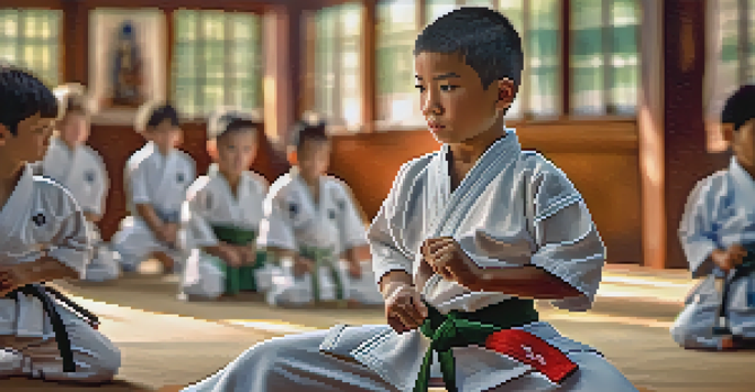 A close-up of a young martial artist tying their belt, showing focus and determination with a blurred training background.