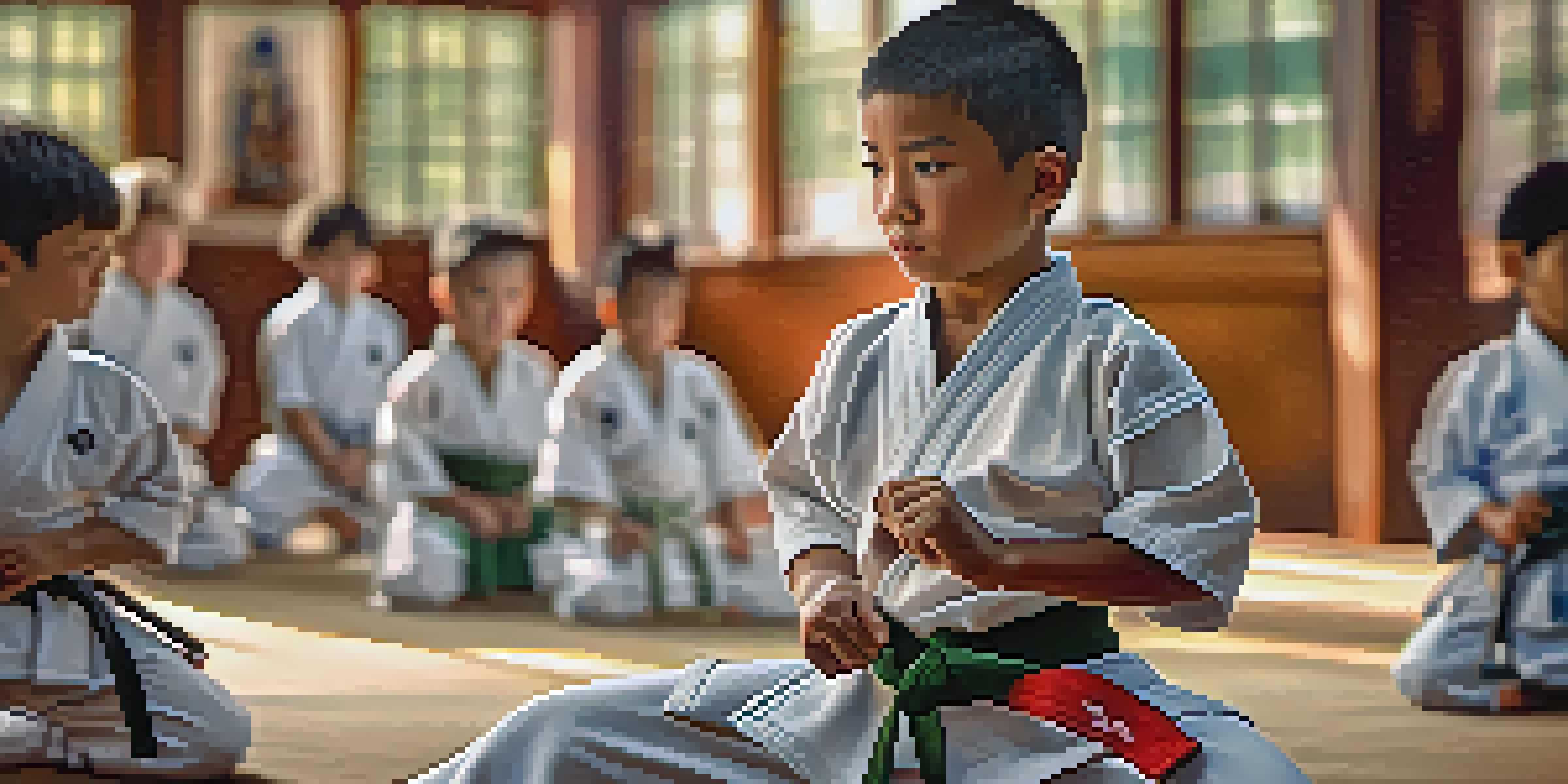 A close-up of a young martial artist tying their belt, showing focus and determination with a blurred training background.