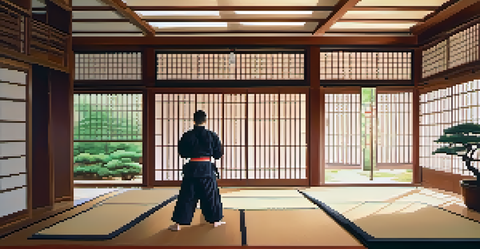 A martial artist practicing mindful breathing in a tranquil dojo with natural light and serene decorations.