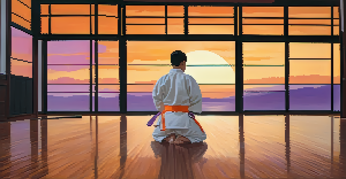 A martial artist in a white gi practicing kata in a dojo during sunset, with warm light reflecting on the wooden floors and a colorful sky visible through the window.