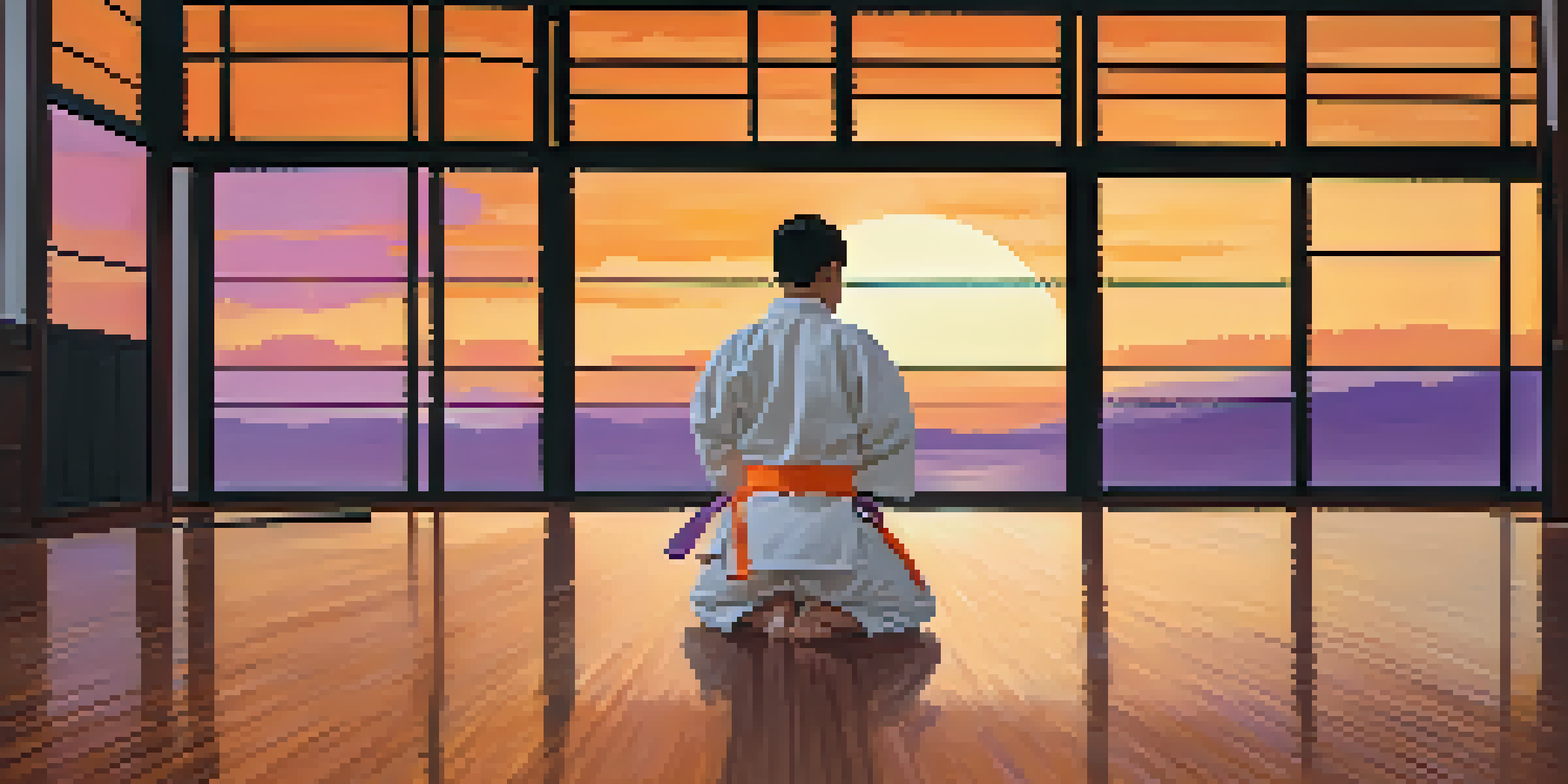 A martial artist in a white gi practicing kata in a dojo during sunset, with warm light reflecting on the wooden floors and a colorful sky visible through the window.