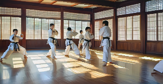 Students in a bright classroom practicing martial arts, showing focus and discipline.