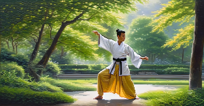 A martial artist practicing Tai Chi in a peaceful garden with greenery and sunlight filtering through the leaves.