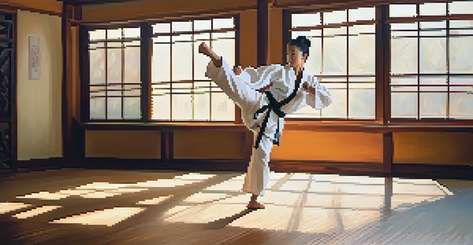 A martial artist executing a high kick in a dojo, illuminated by natural light, with traditional symbols on the walls.