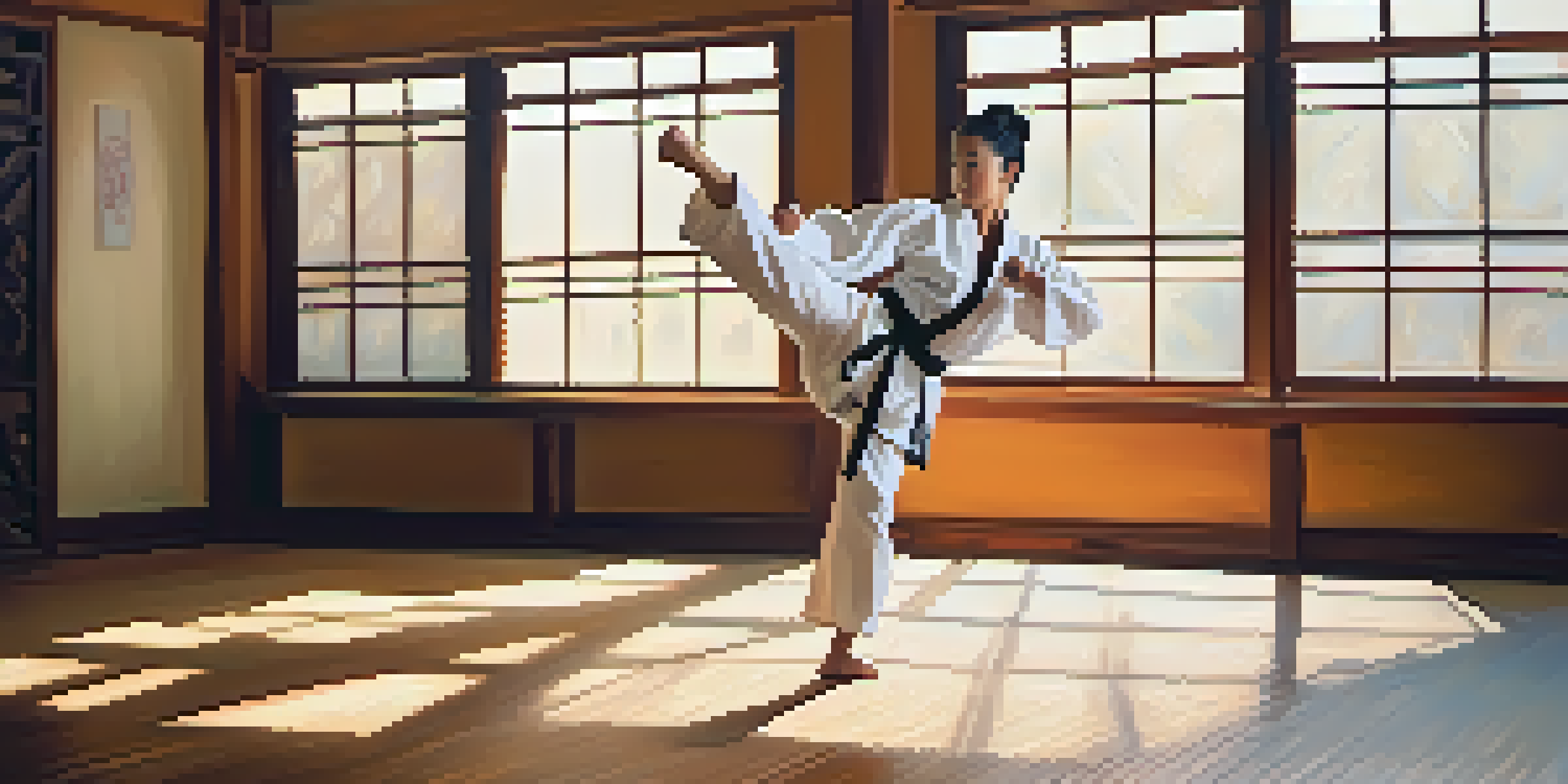 A martial artist executing a high kick in a dojo, illuminated by natural light, with traditional symbols on the walls.