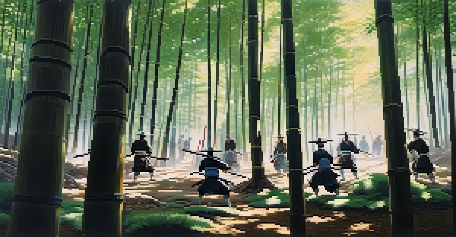 Samurai practicing Kenjutsu in a bamboo forest, showcasing their traditional armor and sword techniques.
