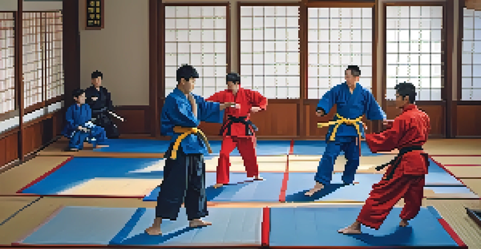 A group of martial artists training in a dojo, showcasing diversity in uniforms and techniques with sunlight filtering through windows.