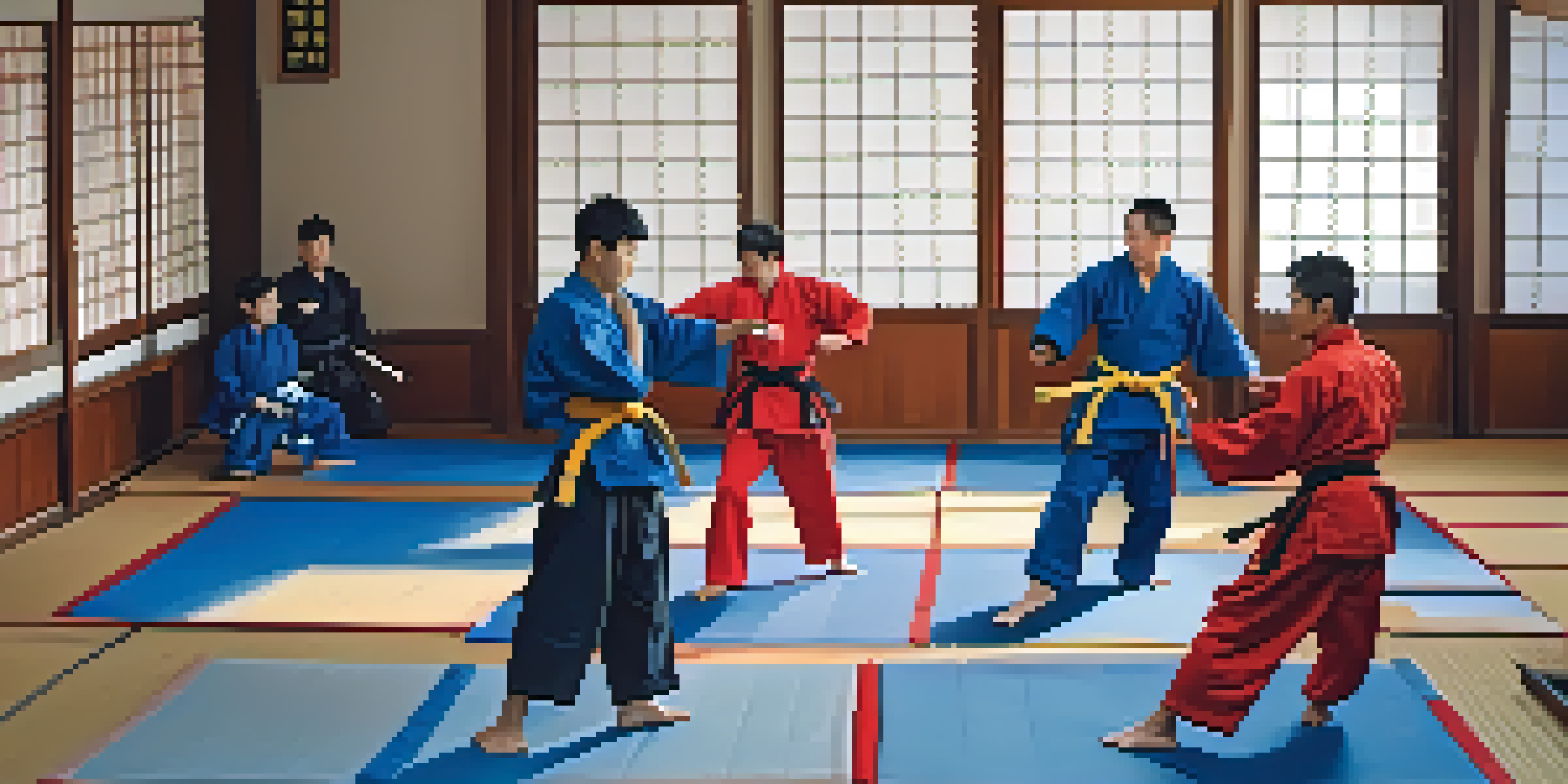 A group of martial artists training in a dojo, showcasing diversity in uniforms and techniques with sunlight filtering through windows.