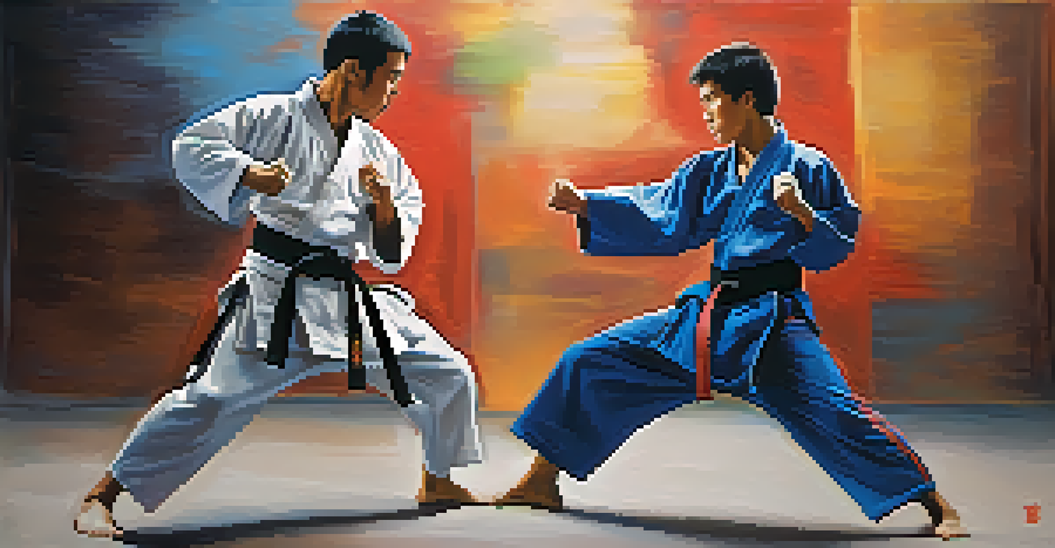 Two martial artists sparring, showing concentration and determination, with colorful belts visible.