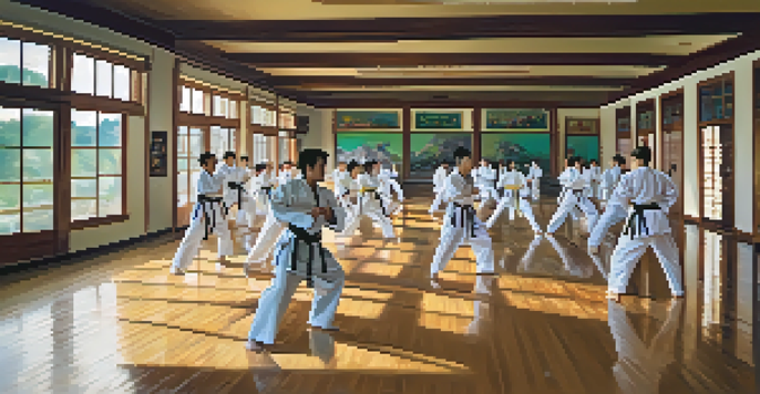 A martial arts training studio with students practicing techniques in colorful uniforms, instructors providing guidance, bright natural light, and soft mats on the floor.