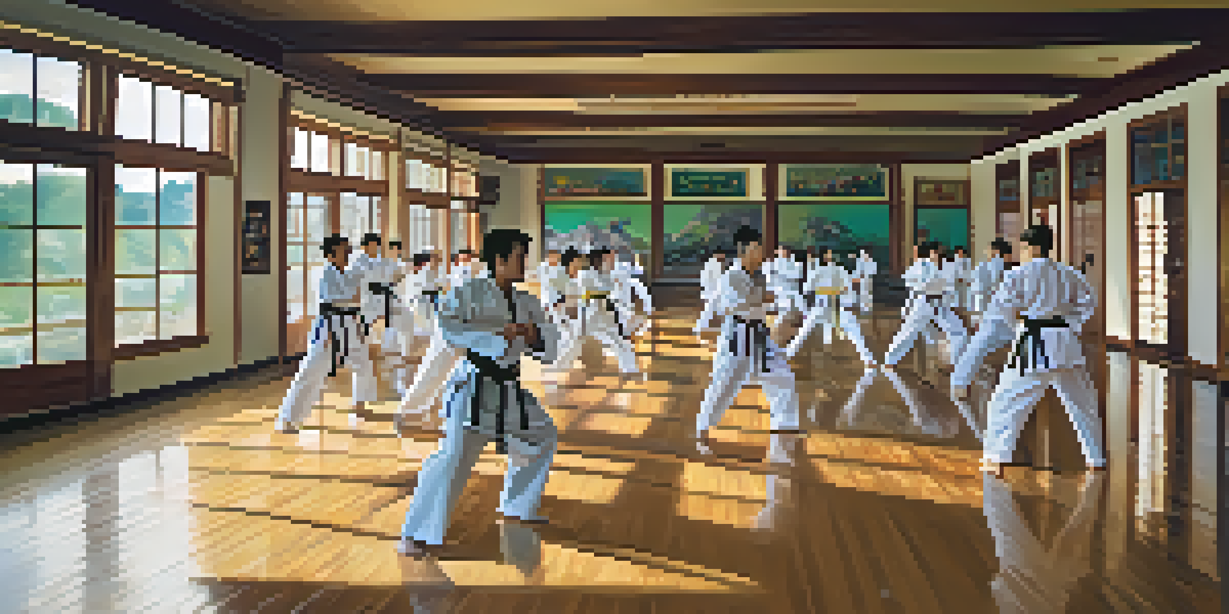 A martial arts training studio with students practicing techniques in colorful uniforms, instructors providing guidance, bright natural light, and soft mats on the floor.