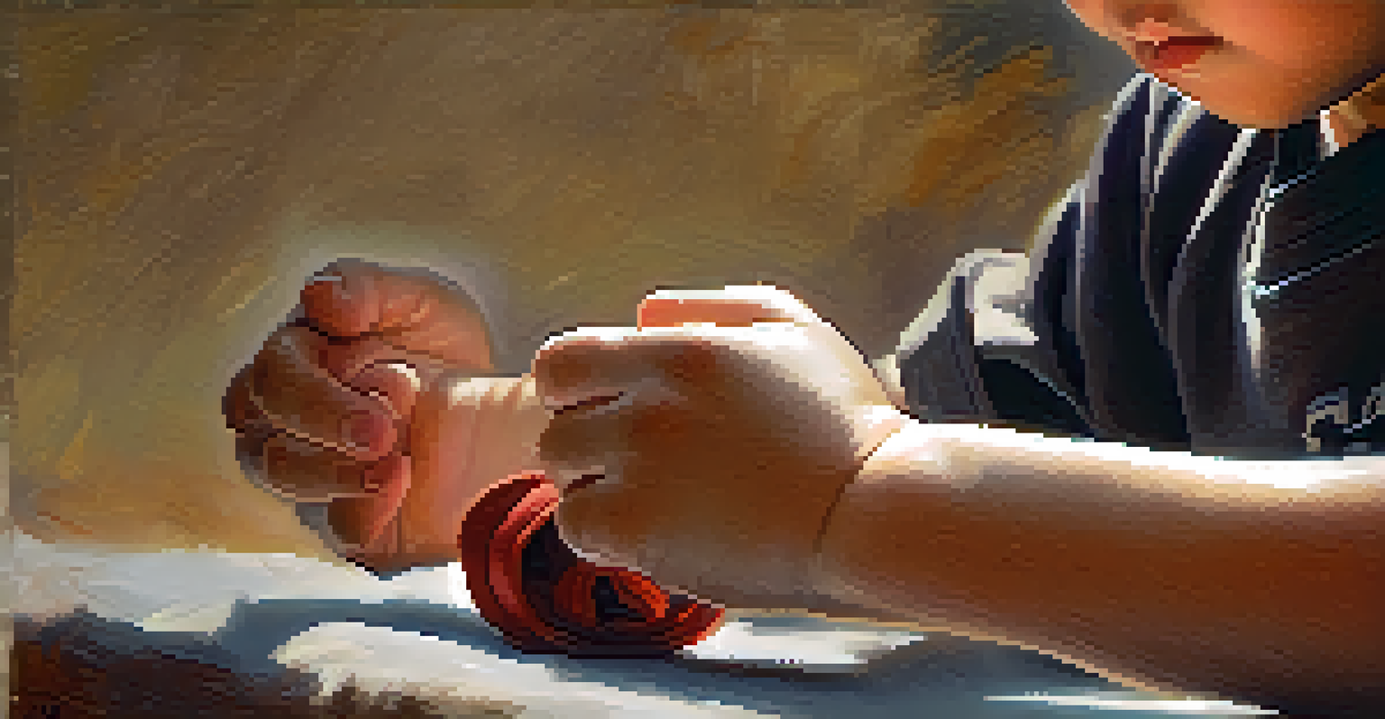 Close-up of a young martial artist's hands gripping a training pad, showcasing determination.