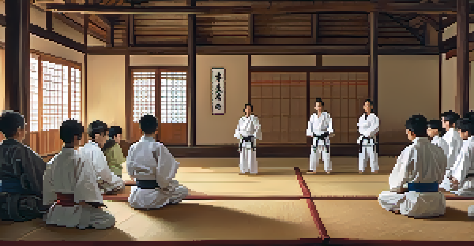 A martial arts instructor teaching a technique to students in a cozy dojo, showcasing a warm and engaging learning environment.