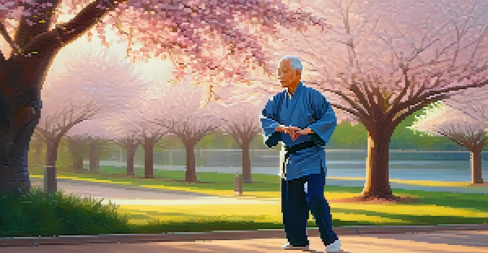 An elderly man practicing Tai Chi in a park with cherry blossom trees at sunrise, looking peaceful and focused.