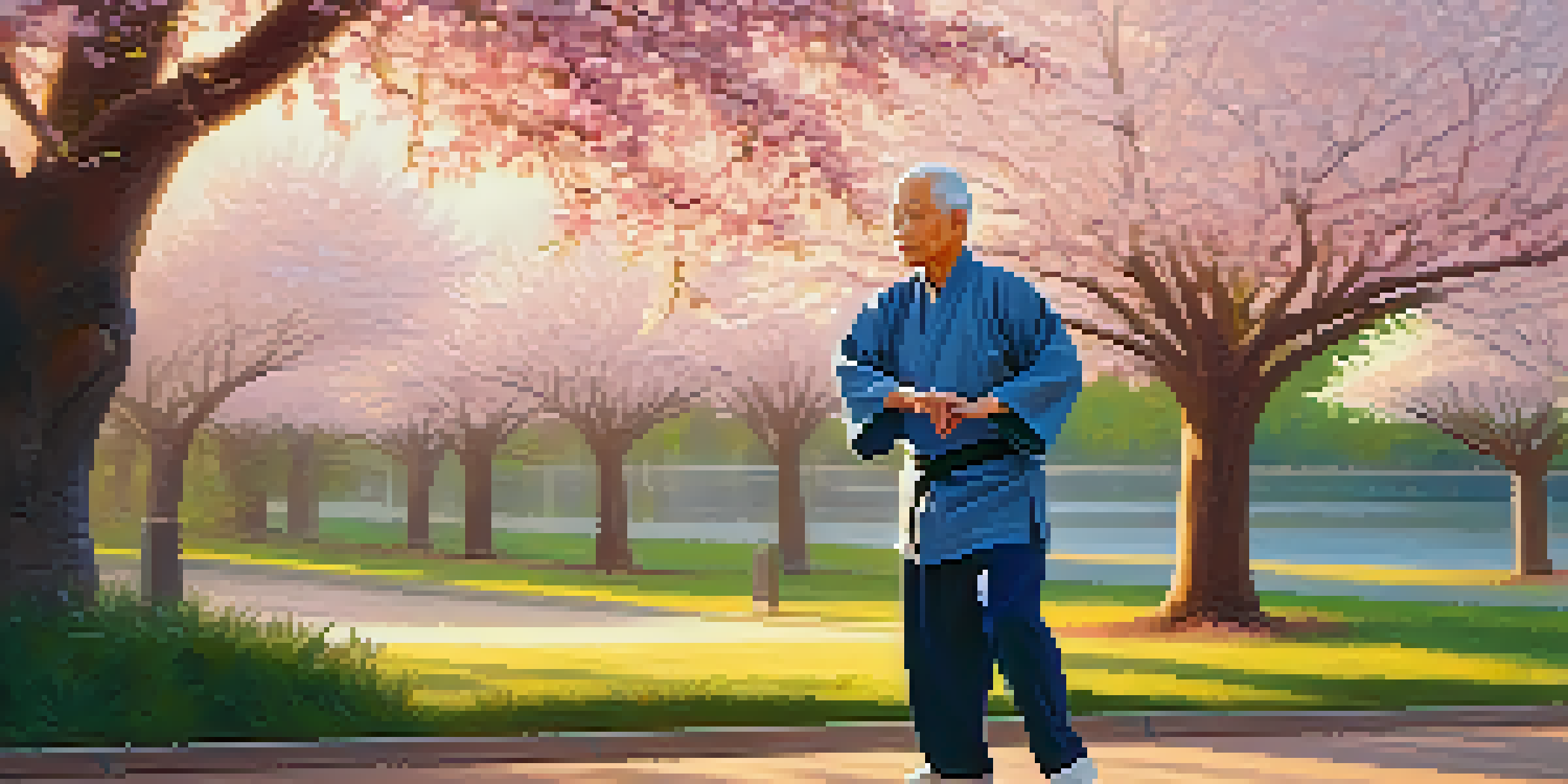 An elderly man practicing Tai Chi in a park with cherry blossom trees at sunrise, looking peaceful and focused.