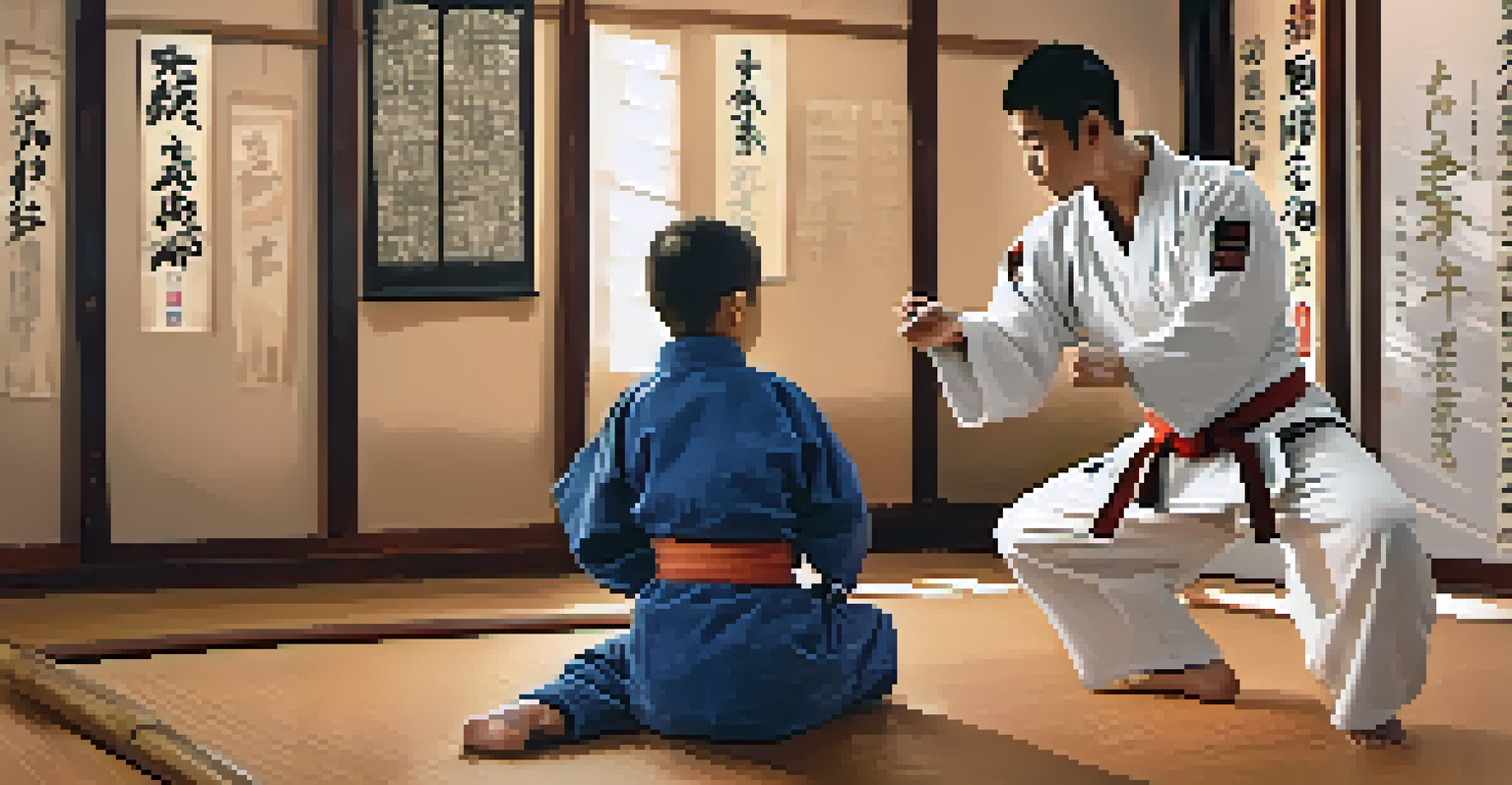 A martial arts mentor demonstrating a technique to a young beginner in a cozy dojo with motivational posters.