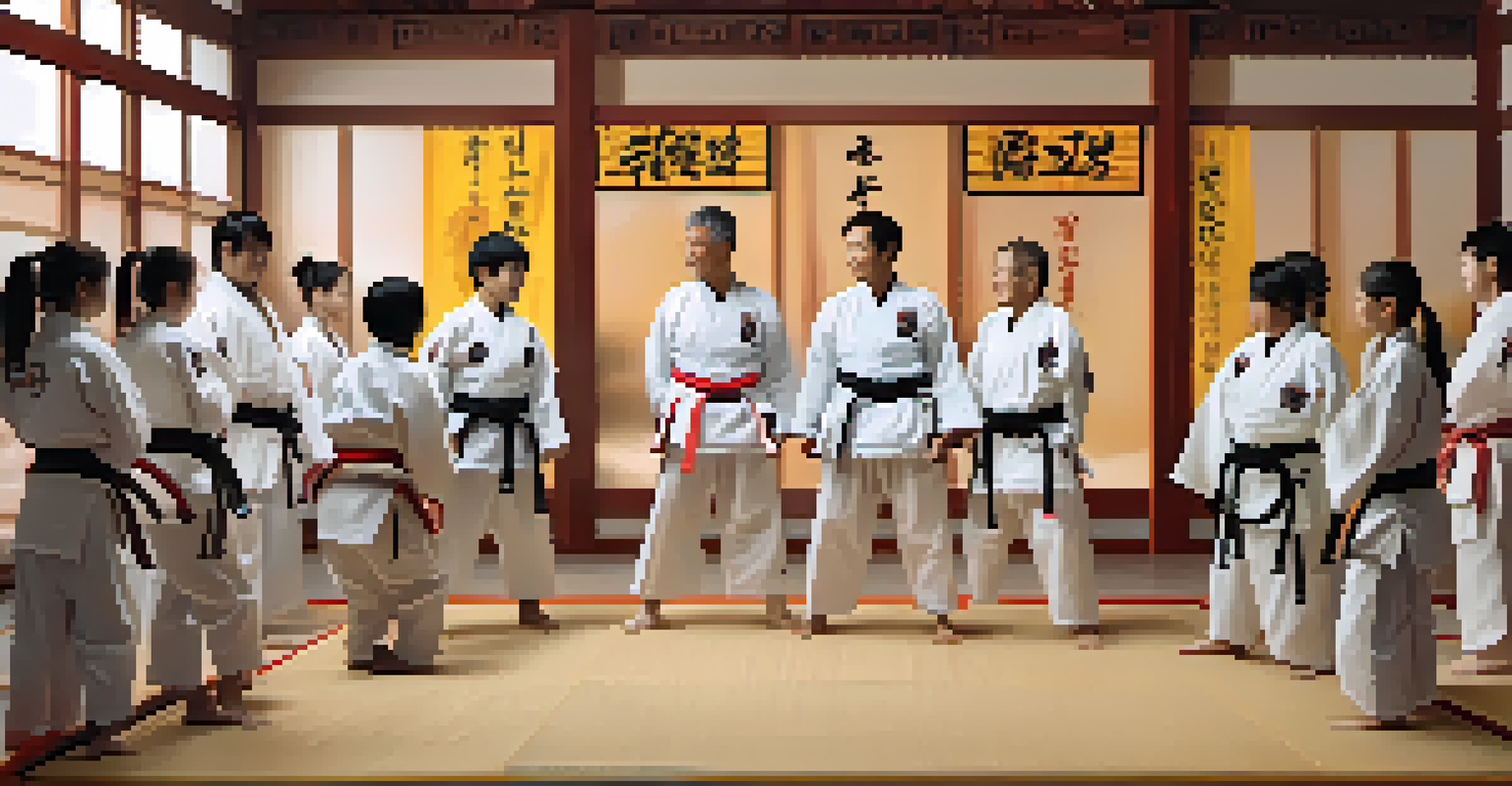 A diverse group of martial arts practitioners in a circle discussing and supporting each other in a warm dojo environment.