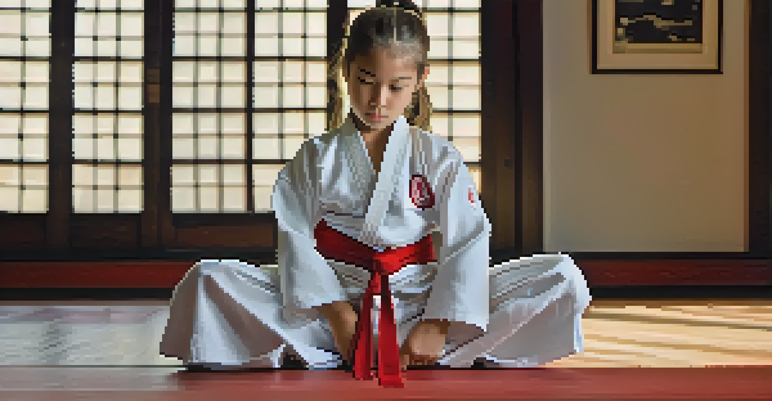A young girl tying her martial arts belt, showing determination and focus in a dojo setting.