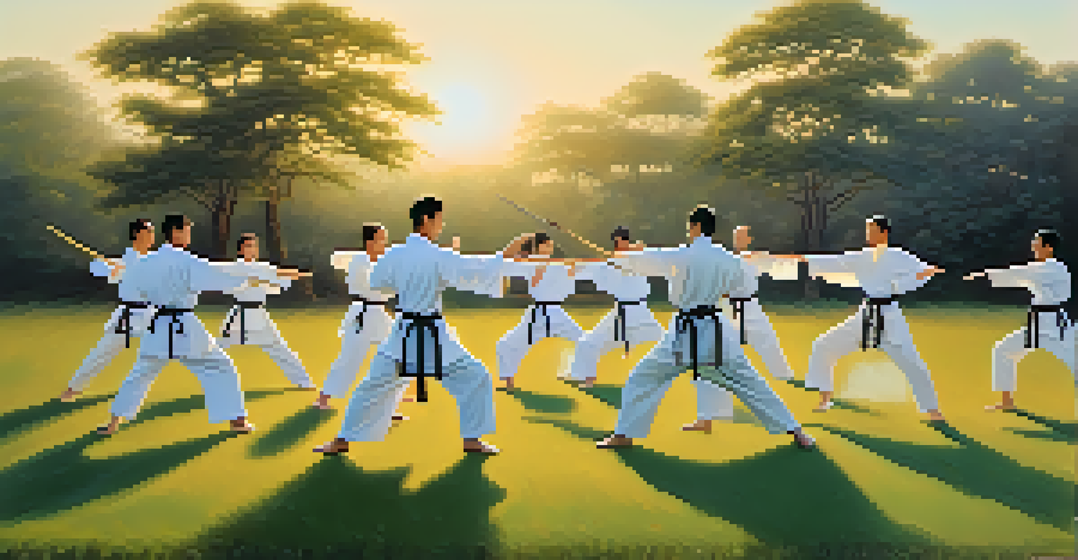 A group of martial artists training outdoors at dawn, performing synchronized movements in soft morning light.