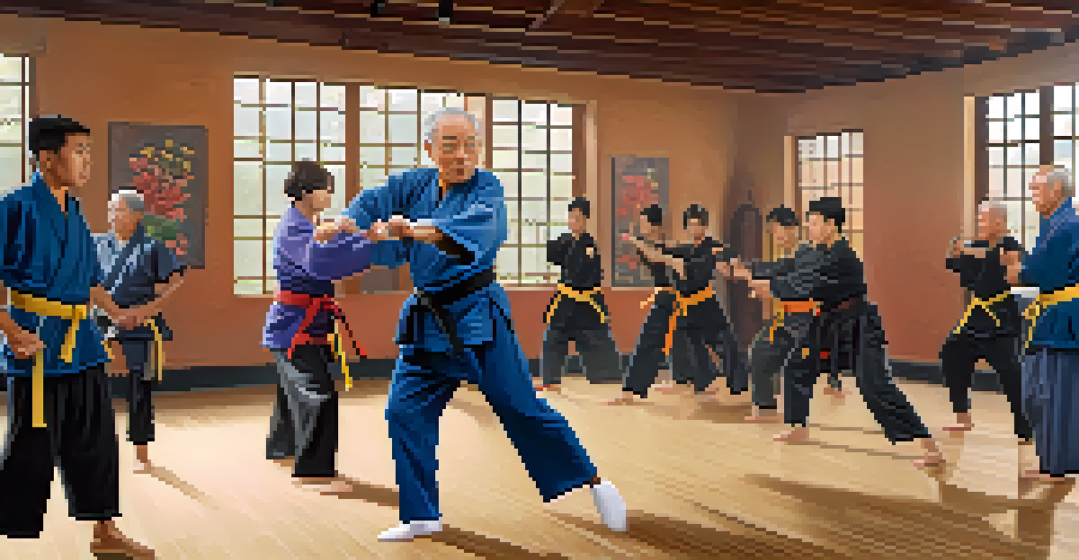 Elderly man demonstrating a self-defense move in a martial arts class, with a focused expression and supportive environment in the background.