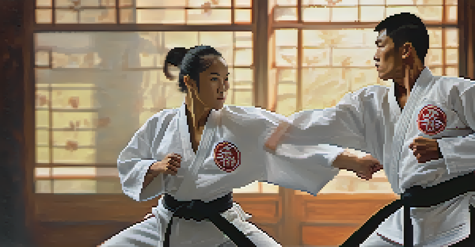 Two martial artists sparring respectfully, showcasing determination and fluid motion in their movements.