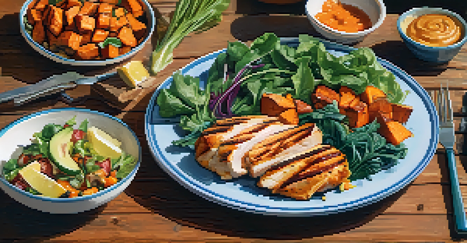 A colorful plate of a balanced post-training meal with grilled chicken, sweet potatoes, and leafy greens.