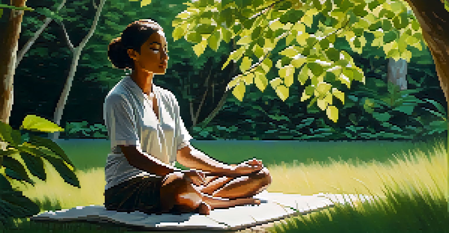 A person practicing deep breathing techniques outdoors, surrounded by greenery, with sunlight filtering through the leaves.