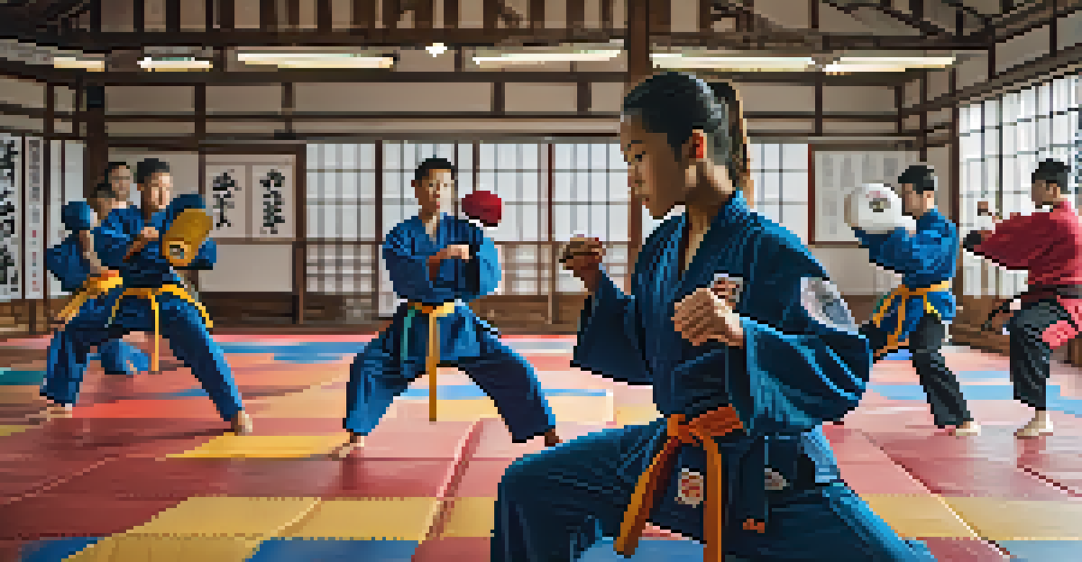 Diverse martial arts students sparring in a training hall, capturing dynamic movements and colorful uniforms.